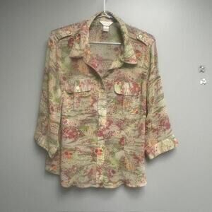 CJ Banks Floral Women's Blouse Front Button 3/4 Sleeve - Size X
